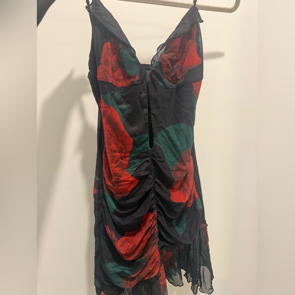Tiger Mist Romantic Black and Red Floral Flowy Dress Size M